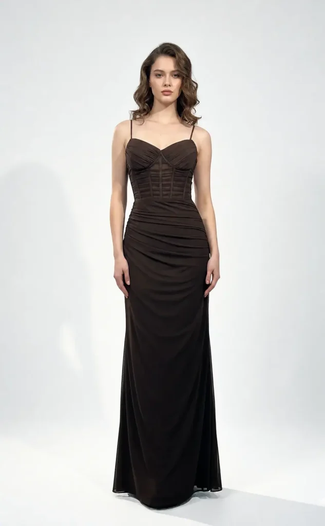 Calia espresso column designer gown from MK Prom, evening and reception dress inspiration