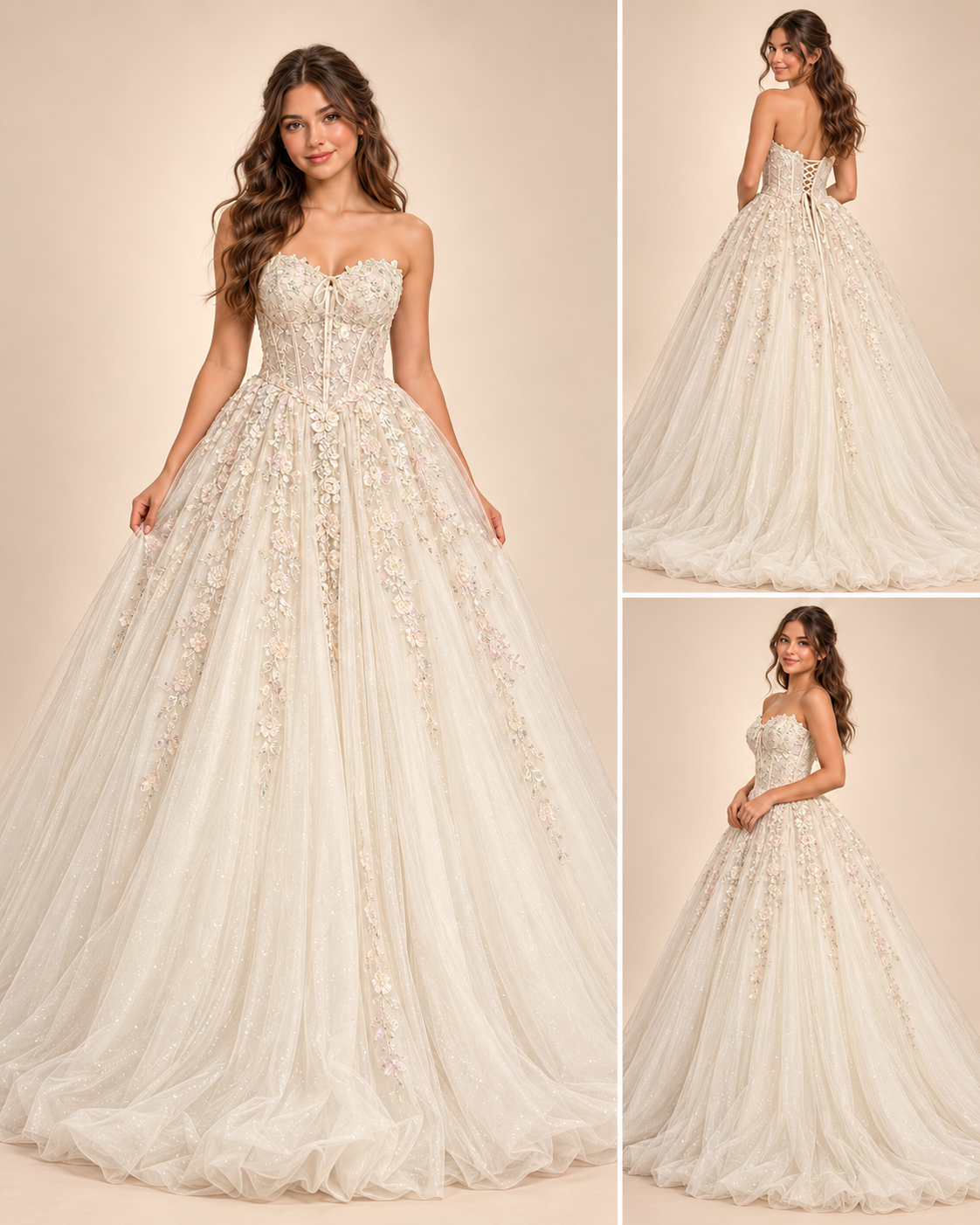 Elowen ballgown in ivory, modelled front, back and side views