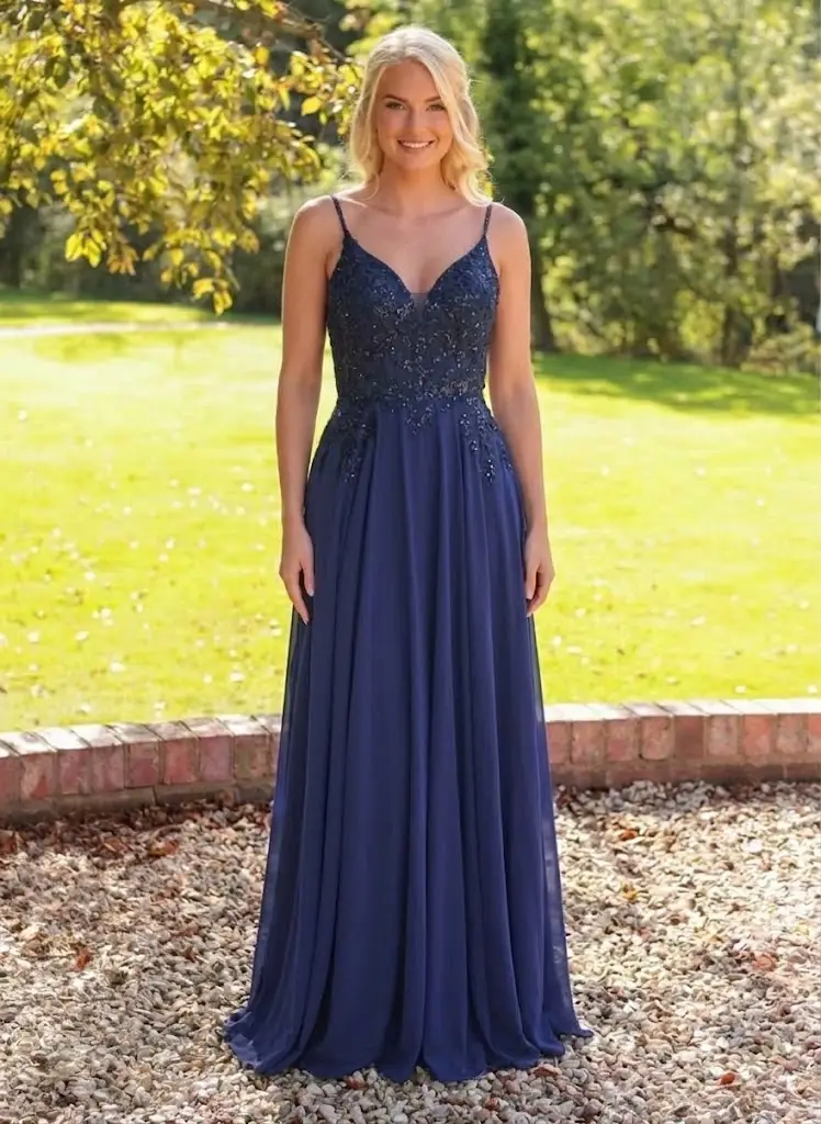 Emma navy A-line designer gown from MK Prom for evening or reception wear