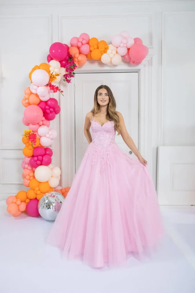 Model wearing the Halinka baby pink designer ballgown, an alternative wedding dress style.