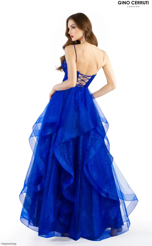 Amberly glitter tulle ballgown with waterfall skirt and embellished bodice from MK Prom