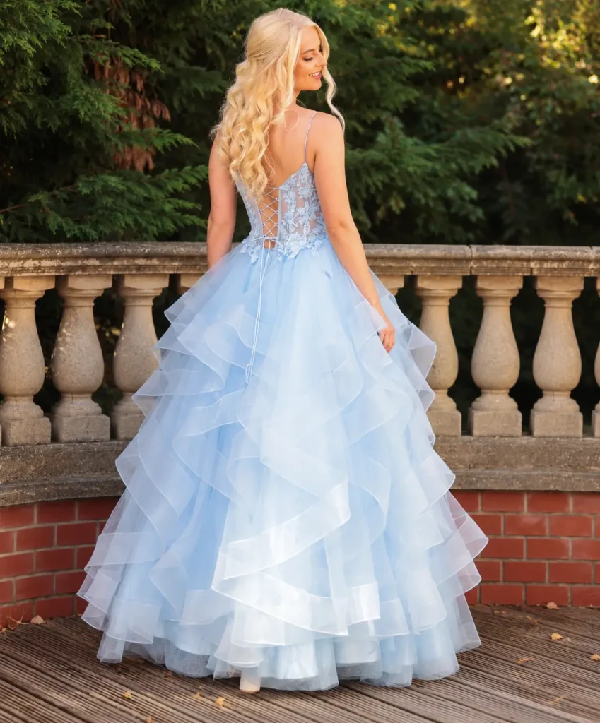 Full powder blue fairytale ballgown with cascading ruffled skirt, Ana from MK Prom
