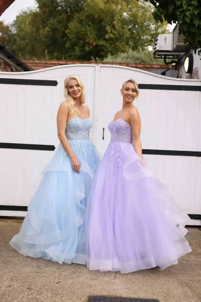 Elena ballgown with structured lace bodice and layered ruffled tulle skirt from MK Prom