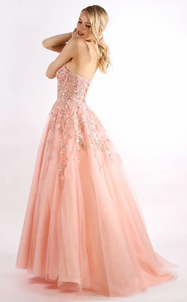 Ella peach embroidered full A-line ballgown with sparkle tulle skirt from MK Prom
