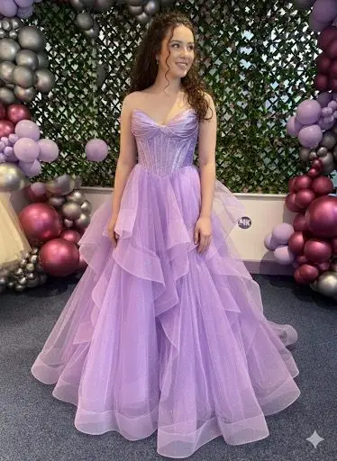 Janelle princess ballgown with cascade of glitter tulle ruffles from MK Prom