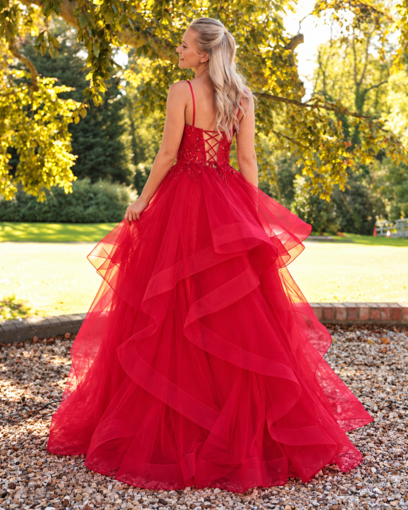 Lyra bright red statement ballgown with dramatic tiered tulle skirt from MK Prom