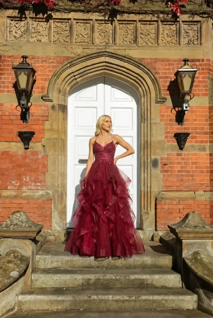 Monika burgundy glitter ballgown with ruffled tiered skirt from MK Prom