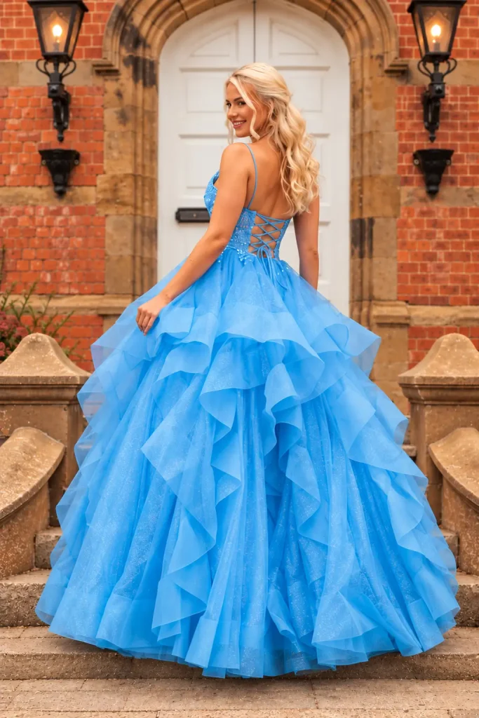 Sallie sky blue ballgown with sparkling tiered tulle skirt and embellished bodice from MK Prom
