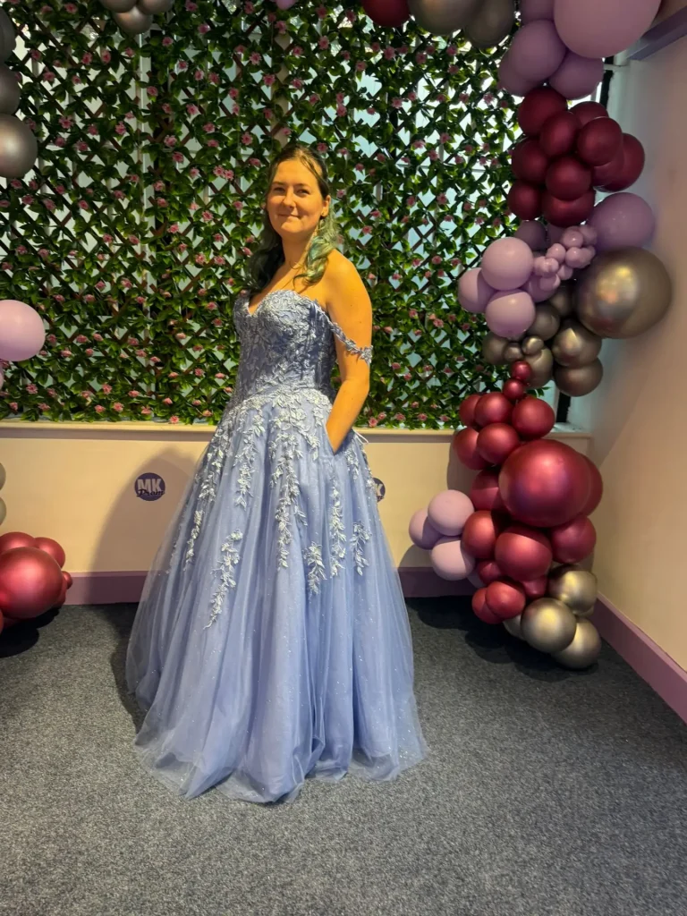 Samira off shoulder fairytale ballgown with lace corset and full sparkling tulle skirt from MK Prom