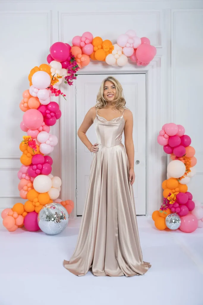 Tova A-line gown in pale champagne from MK Prom, styled for alternative bridalwear.