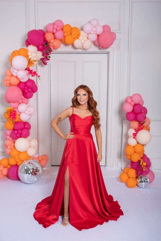 Zola A-line gown in bright red from MK Prom, a bold alternative wedding and reception dress.