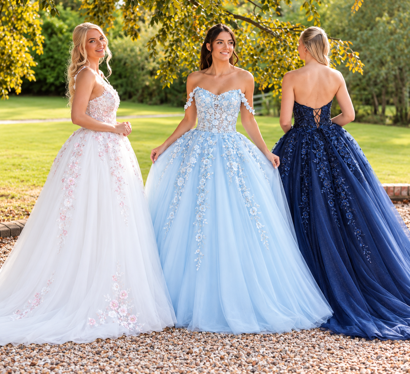 Three models wearing elegant alternative wedding ballgowns in ivory, ice blue and midnight navy, featuring intricate floral embroidery, sparkling embellishments and flowing tulle skirts. Beautifully different bridal styles at MK Bride in Milton Keynes.